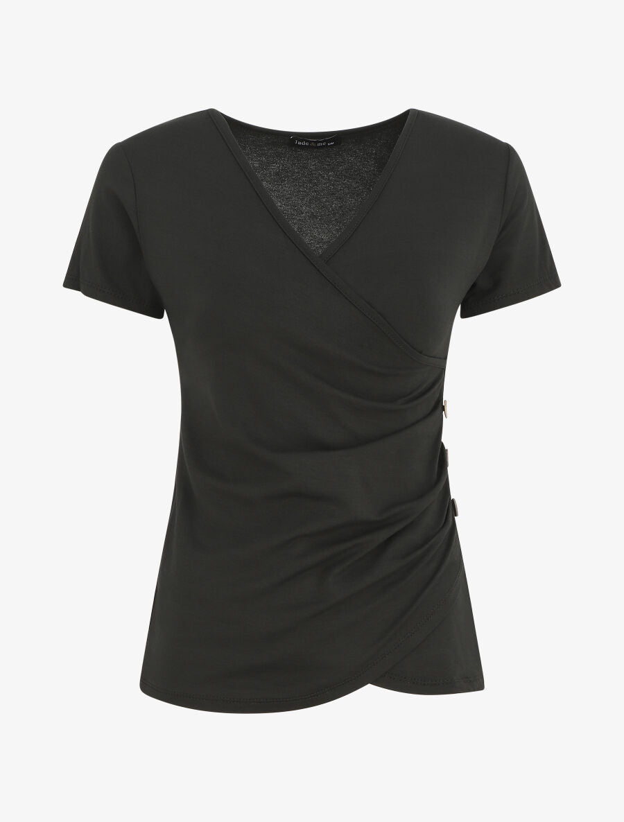 Top manches courtes uni col cache-coeur - Noir - 1
