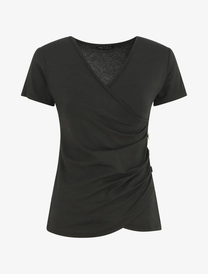 Top manches courtes uni col cache-coeur - Noir - 1