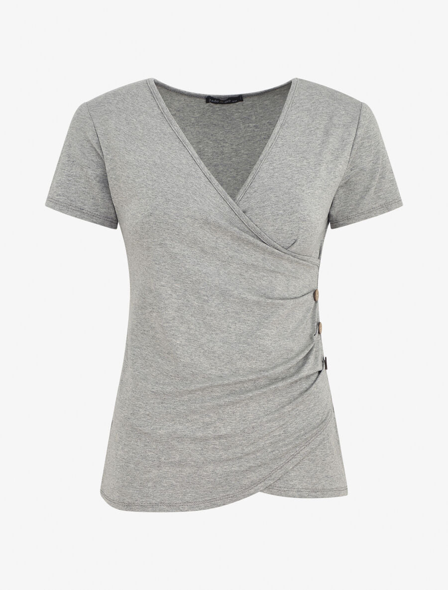 Top manches courtes uni col cache-coeur - Gris - 1