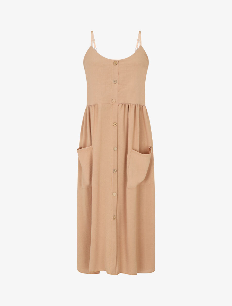 Robe longue boutonnée unie à fines bretelles - Beige - 1