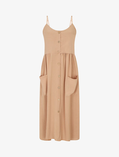 Robe longue boutonnée unie à fines bretelles - Beige - 1