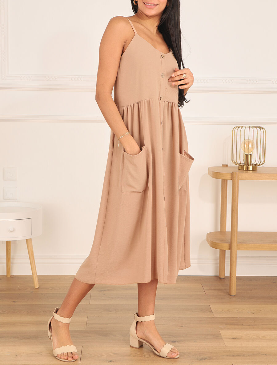 Robe longue boutonnée unie à fines bretelles - Beige - 4