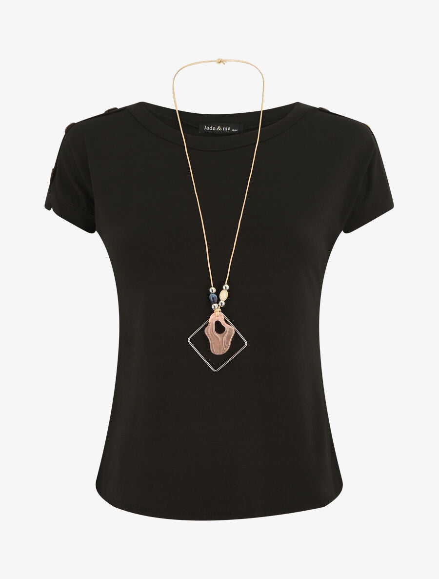 T-shirt uni manches courtes à boutons - Noir - 4