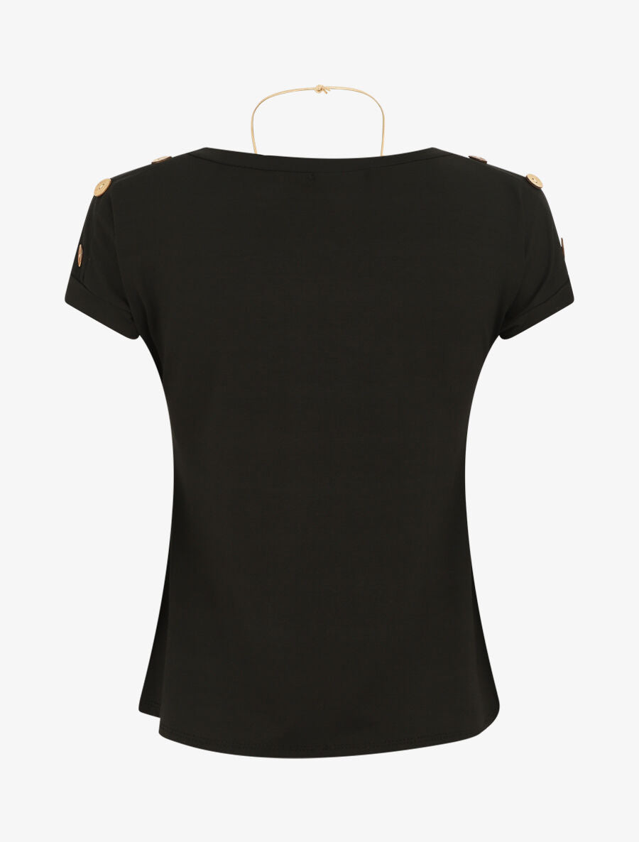 T-shirt uni manches courtes à boutons - Noir - 2