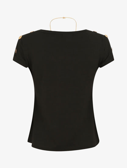 T-shirt uni manches courtes à boutons - Noir - 2