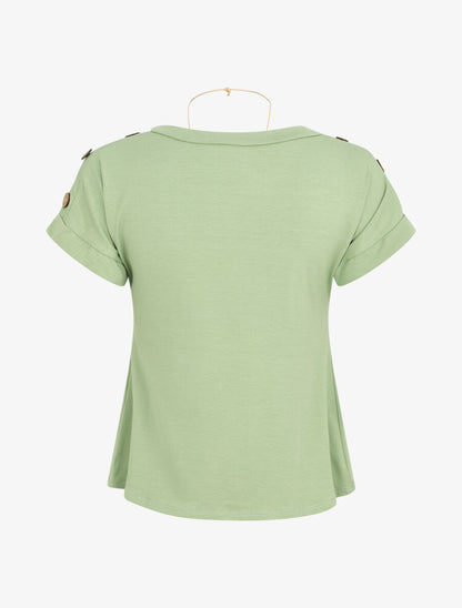 T-shirt uni manches courtes à boutons - Vert amande - 2