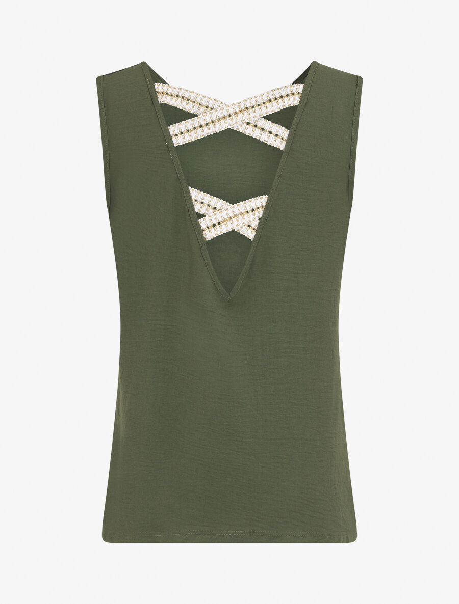 Top droit sans manches uni dos en V - Kaki - 2