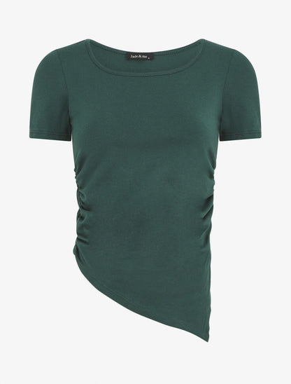 T-shirt asymétrique uni manches courtes - Vert foncé - 1