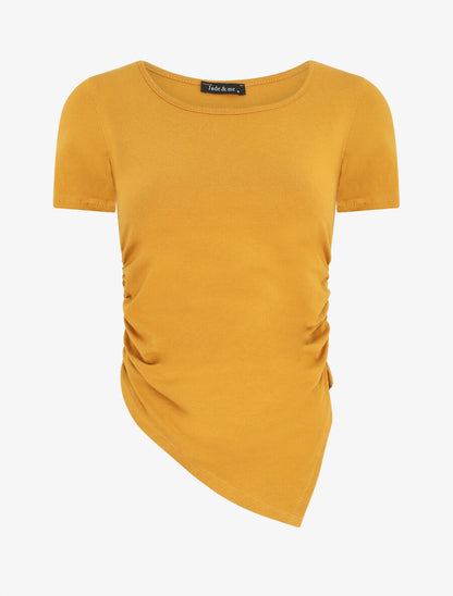 T-shirt asymétrique uni manches courtes - Moutarde - 5