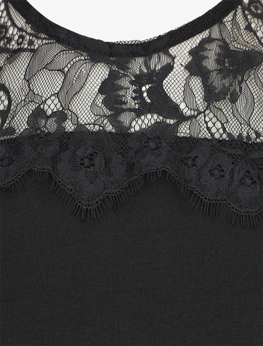 Top uni et dentelle - Noir - 3