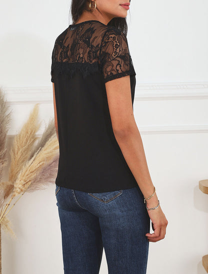 Top uni et dentelle - Noir - 5