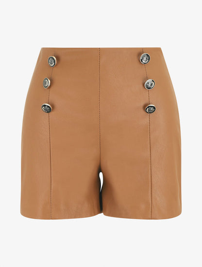 Short en simili taille haute boutonnée - Camel - 1