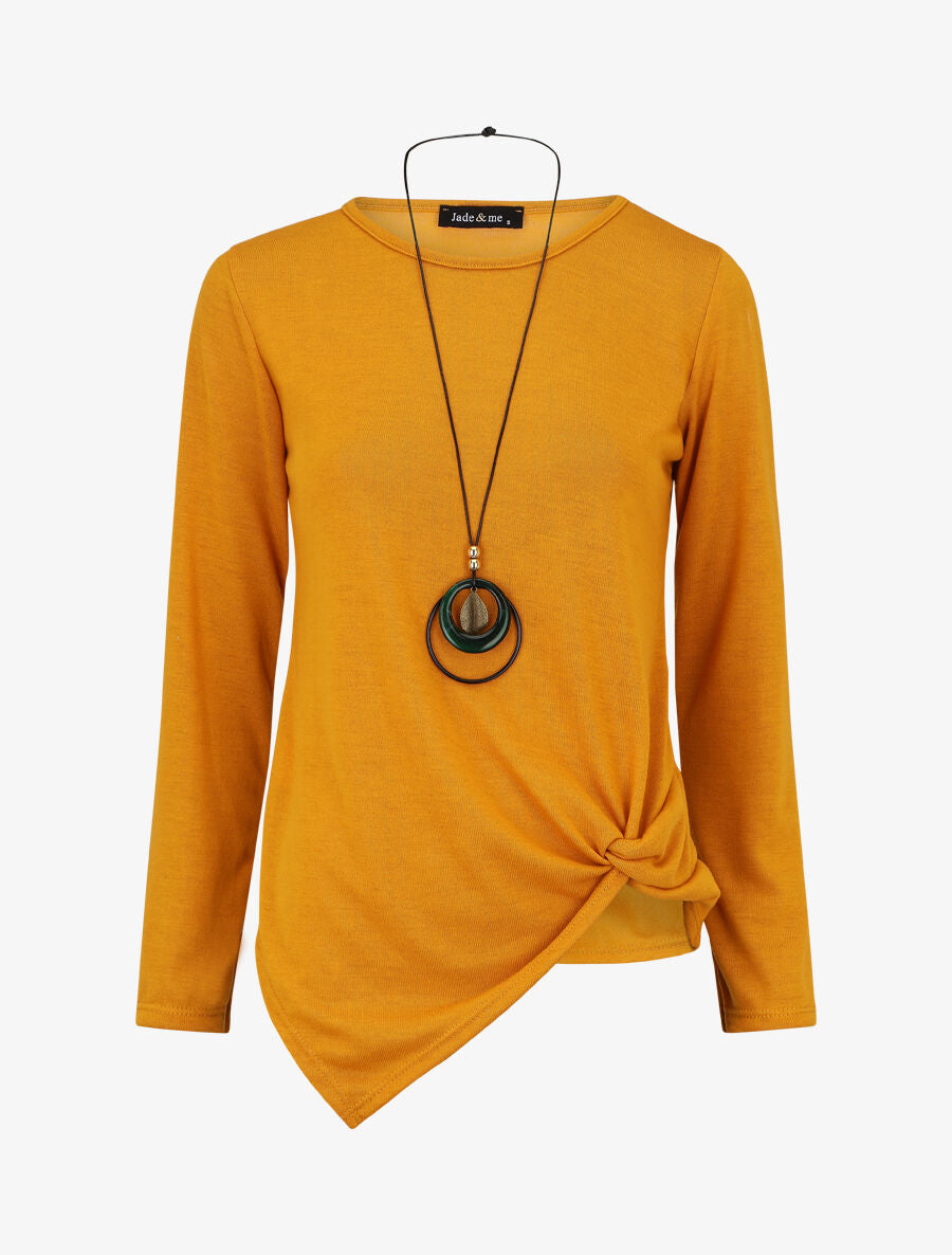 Pull fin uni à bas asymétrique - Jaune moutarde - 1
