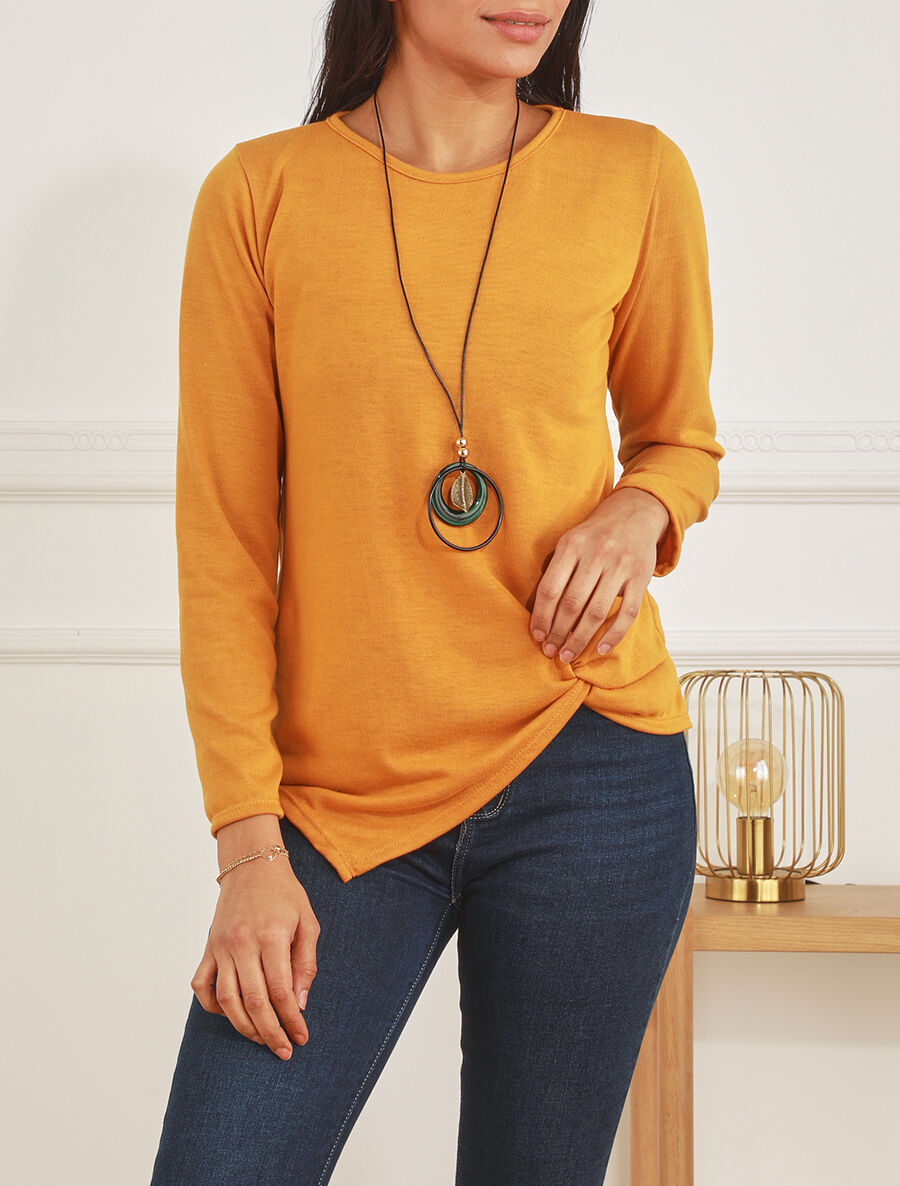 Pull fin uni à bas asymétrique - Jaune moutarde - 4