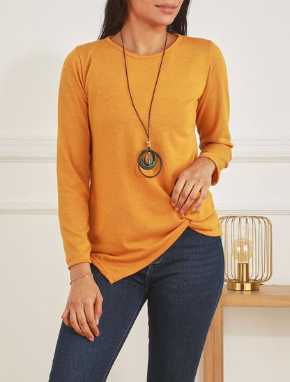 Pull fin uni à bas asymétrique - Jaune moutarde - 4