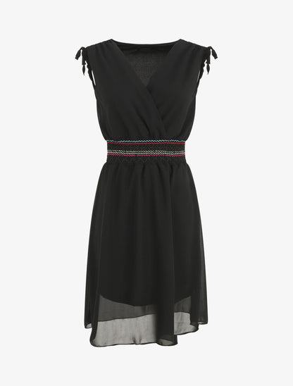 Robe mi-longue sans manches taille élastiquée stylisée - Noir - 1