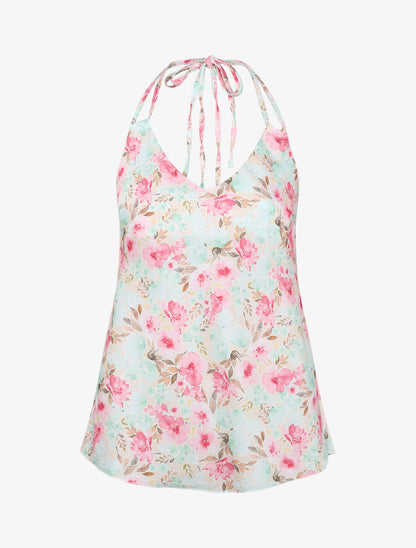 Top satiné à dos nu et imprimé floral style aquarelle - Beige - 1