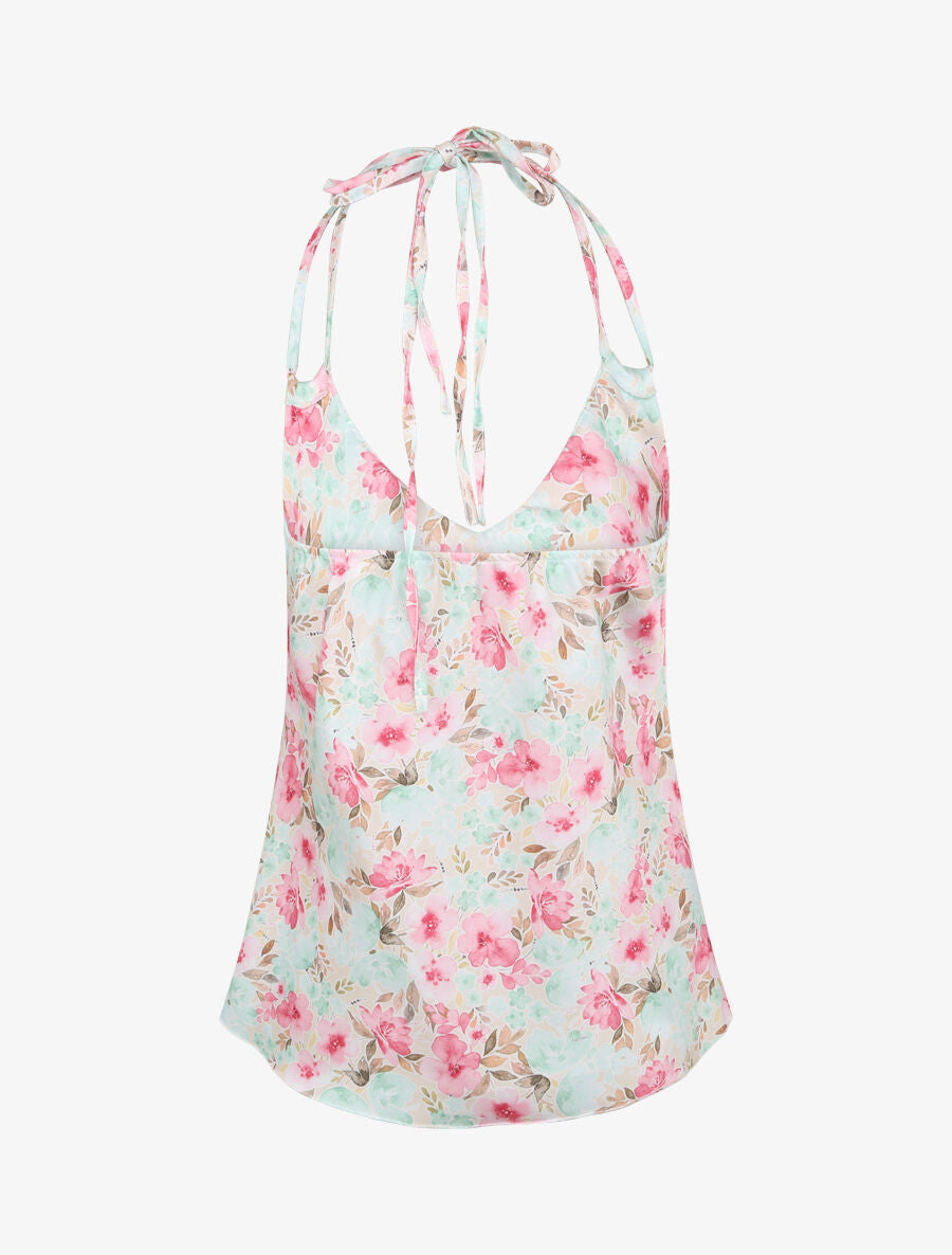 Top satiné à dos nu et imprimé floral style aquarelle - Beige - 2