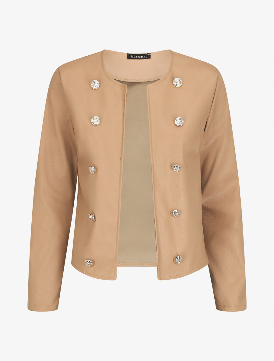 Veste droite boutonnée en simili - Beige - 1