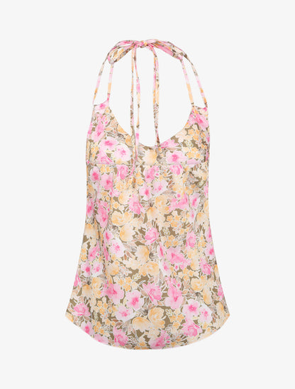 Top satiné à dos nu et imprimé floral style aquarelle - Kaki - 2