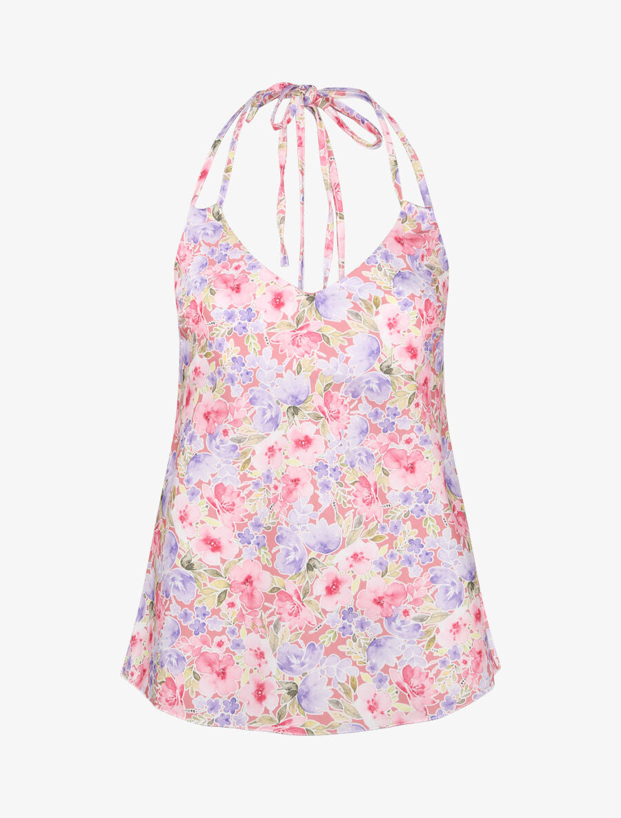 Top satiné à dos nu et imprimé floral style aquarelle - Rose - 4