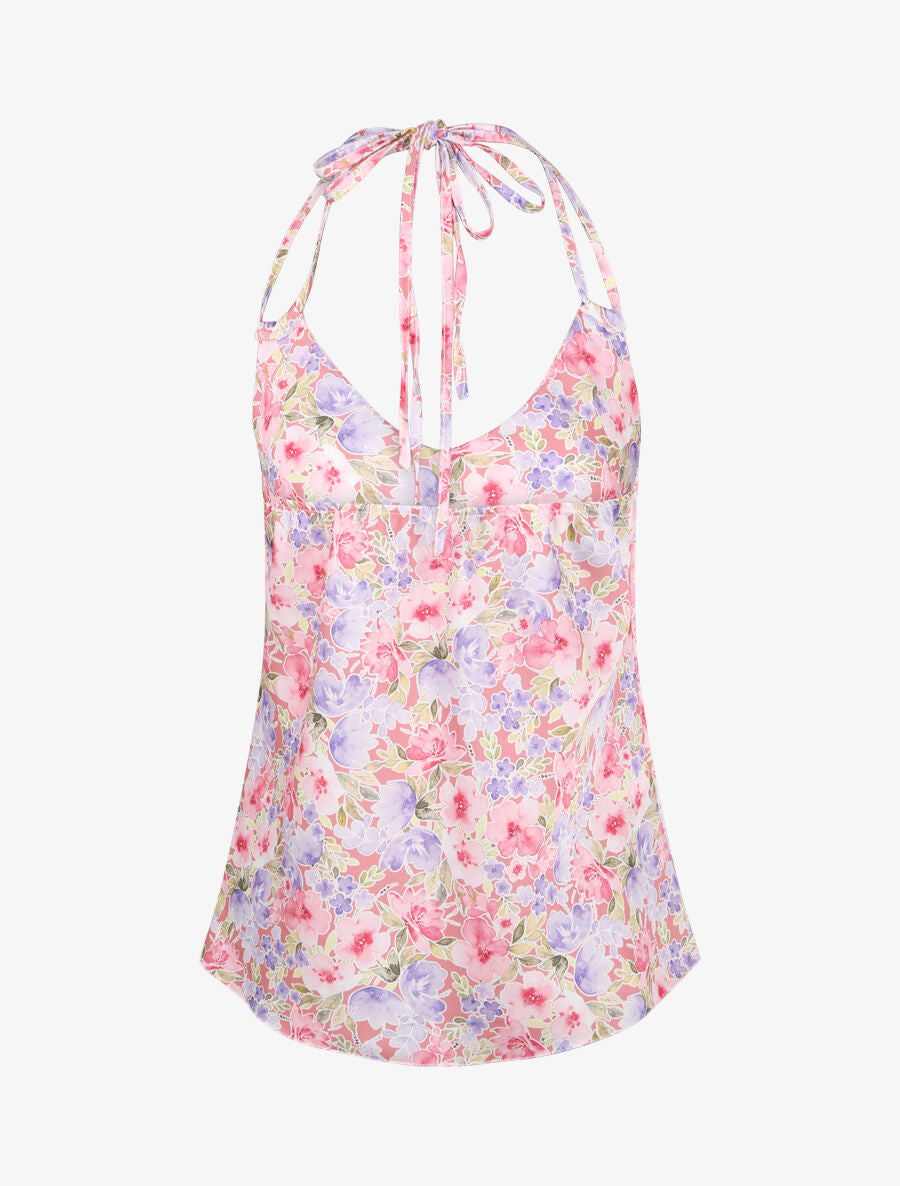 Top satiné à dos nu et imprimé floral style aquarelle - Rose - 2