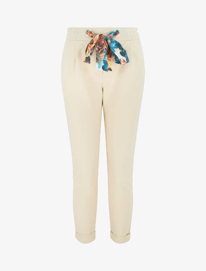 Pantalon slim à noeud fleuri - Beige - 1