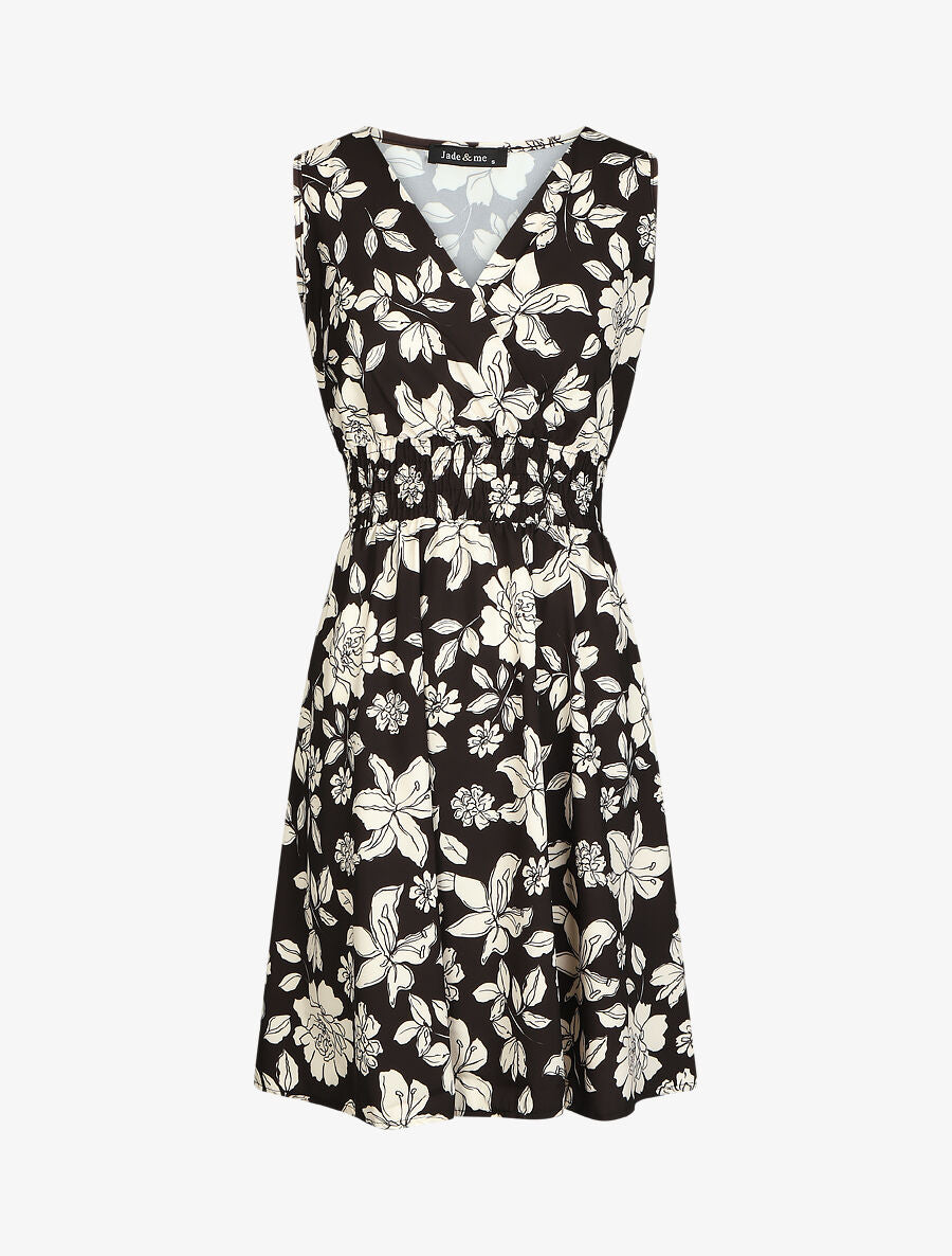 Robe fleuri à taille élastiquée - Noir - 1