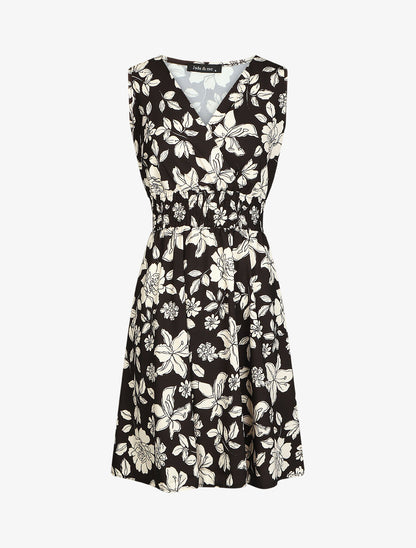 Robe fleuri à taille élastiquée - Noir - 1