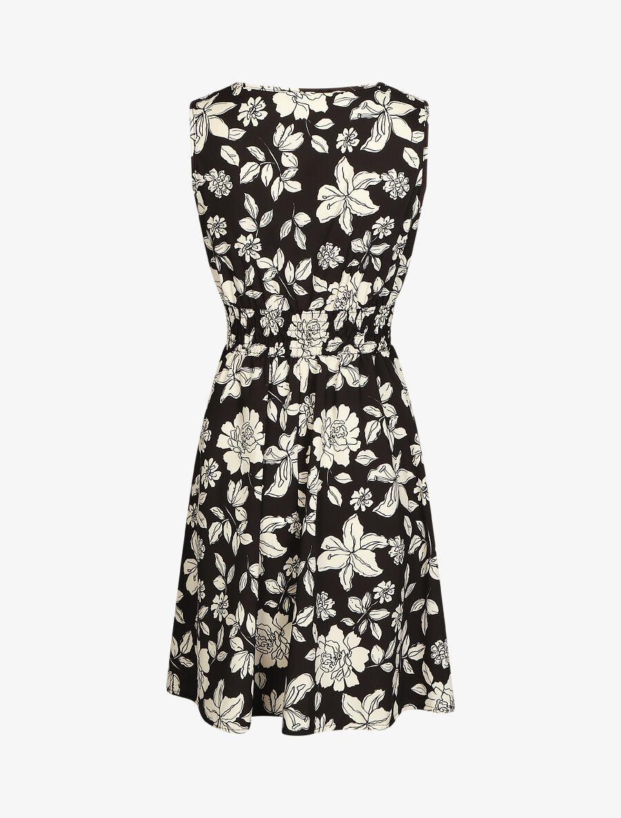 Robe fleuri à taille élastiquée - Noir - 2
