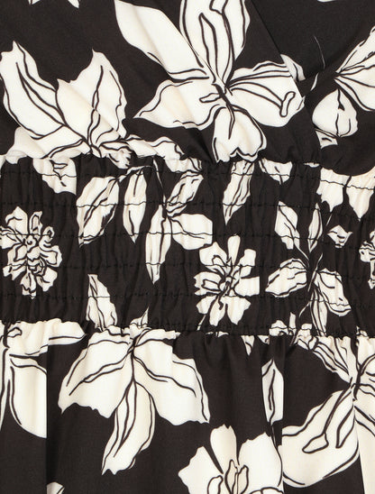 Robe fleuri à taille élastiquée - Noir - 3