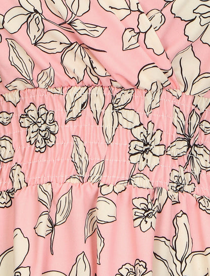 Robe fleuri à taille élastiquée - Rose - 3