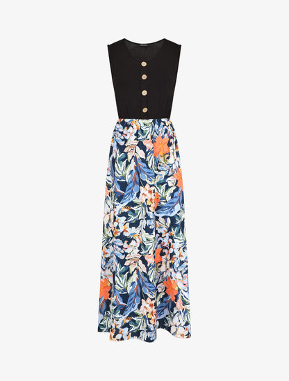 Robe longue fleurie et évasée sans manches - Bleu - 1