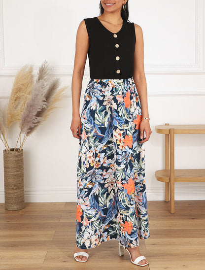 Robe longue fleurie et évasée sans manches - Bleu - 4