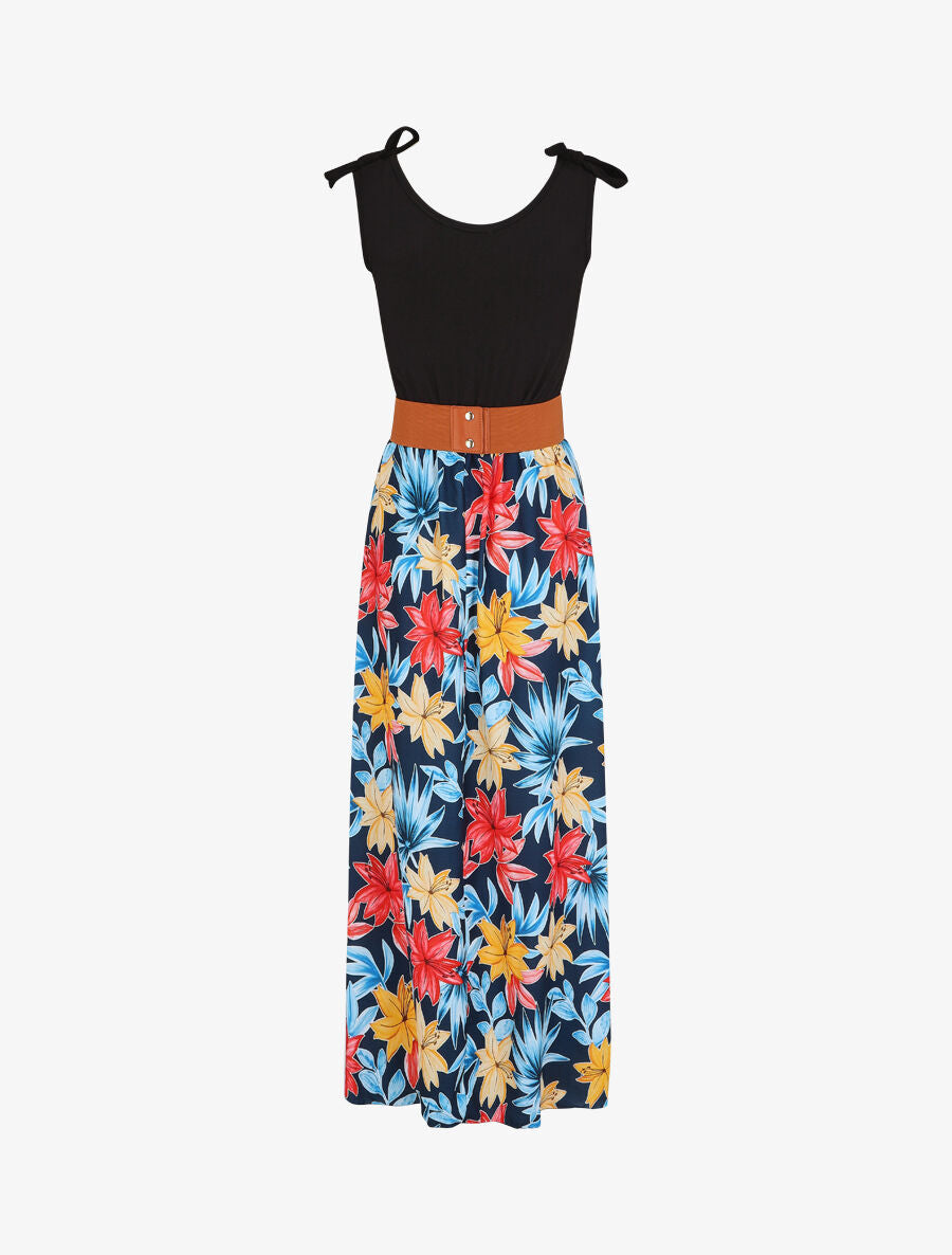 Robe longue évasée sans manches imprimé fleurs de lys - Marine - 2