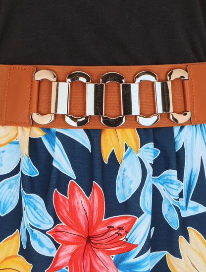 Robe longue évasée sans manches imprimé fleurs de lys - Marine - 3