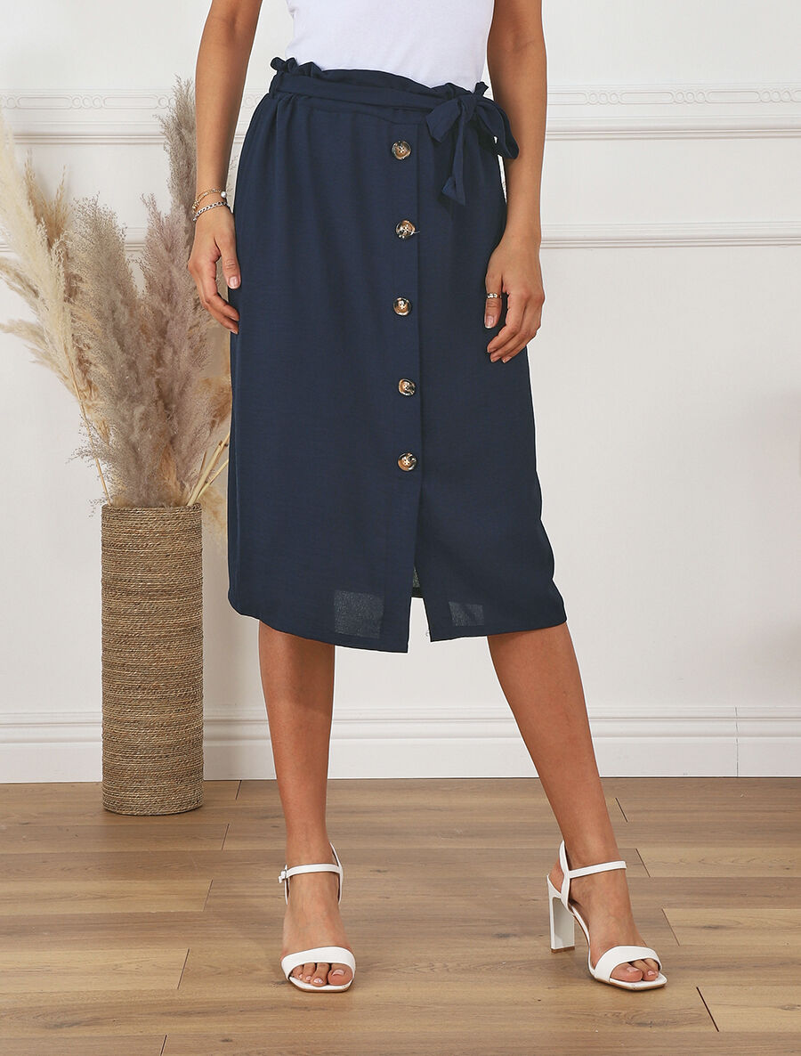 Jupe mi-longue droite taille haute - Marine - 4