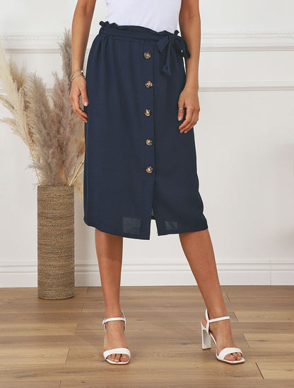 Jupe mi-longue droite taille haute - Marine - 4