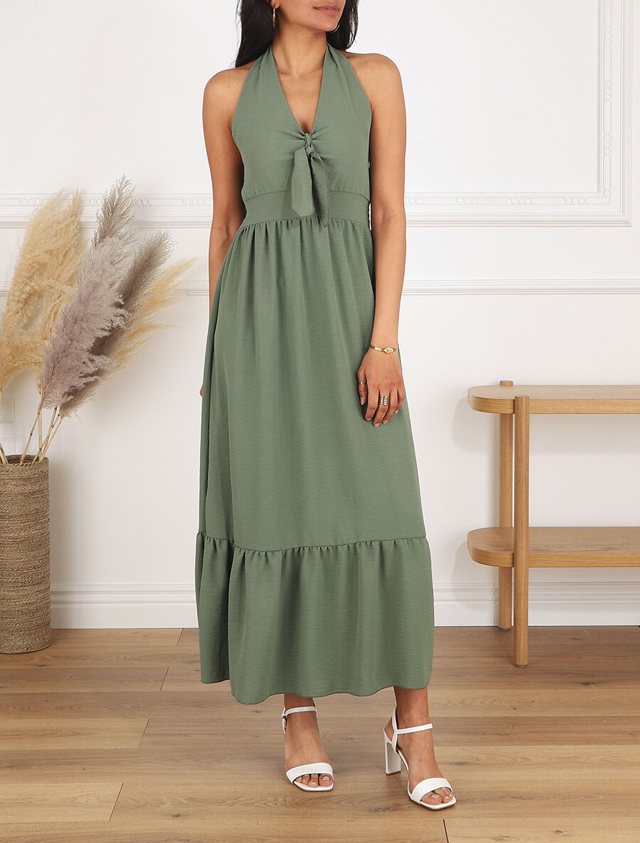 Robe longue unie dos nu - Kaki - 4