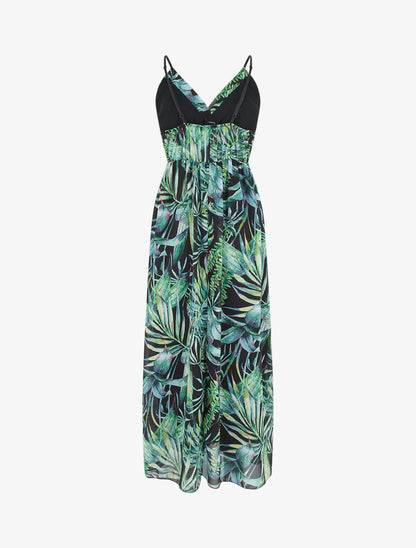 Robe longue à imprimé feuilles - Noir - 2