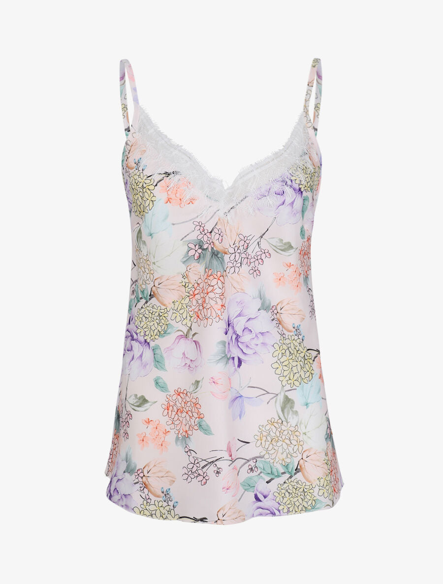 Caraco satiné imprimé hortensias à col en dentelle - Beige - 1