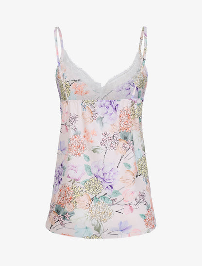 Caraco satiné imprimé hortensias à col en dentelle - Beige - 2