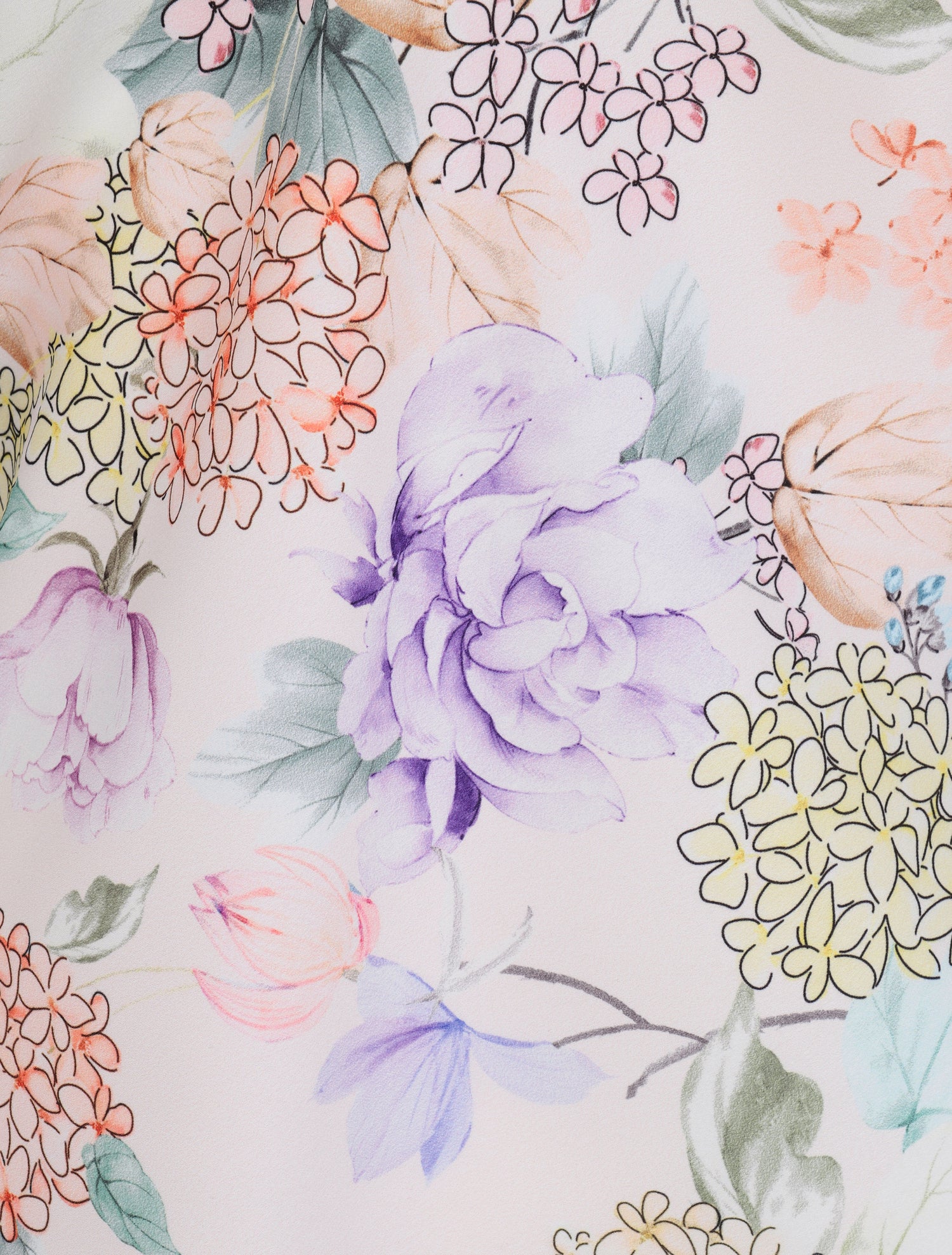 Caraco satiné imprimé hortensias à col en dentelle - Beige - 3