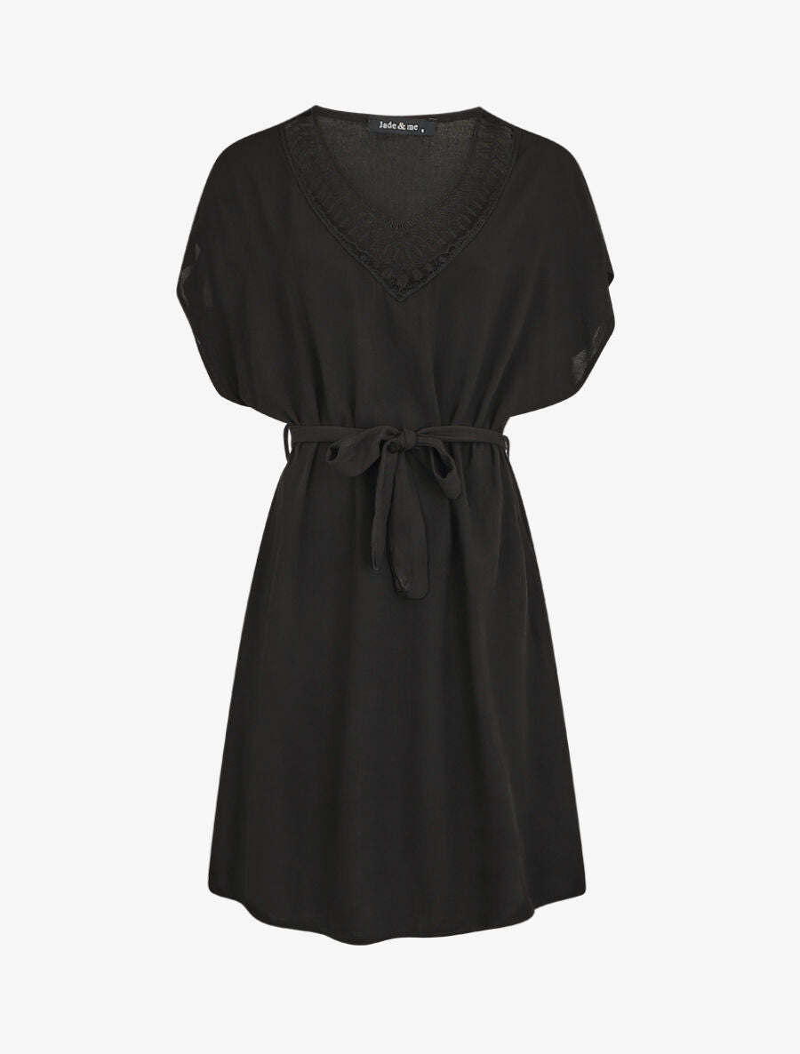 Robe droite unie ceinturée - Noir - 1