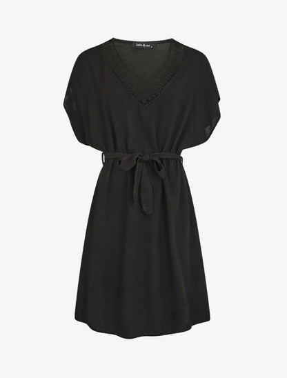 Robe droite unie ceinturée - Noir - 1
