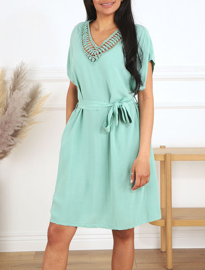 Robe droite unie ceinturée - Vert d&