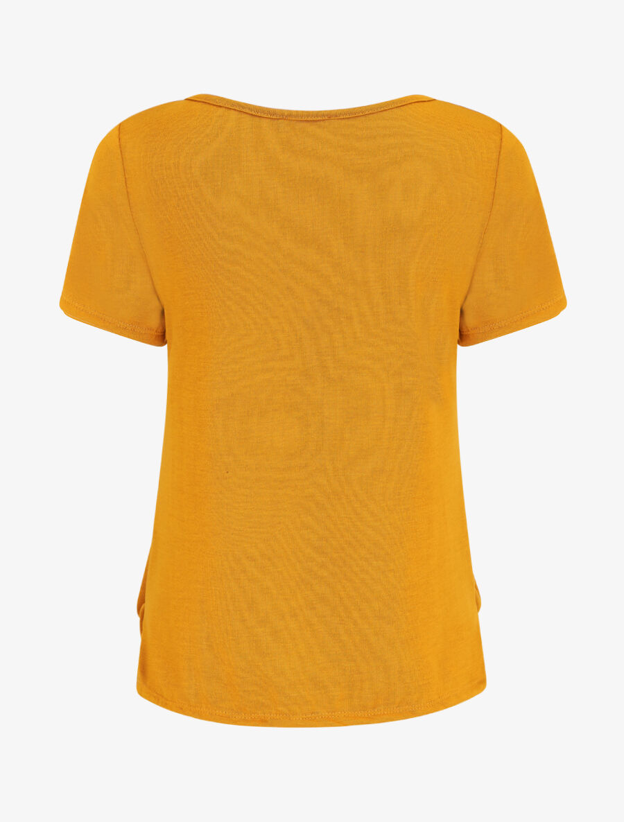 Top uni en maille fine à motif plumes irisées - Jaune moutarde - 2