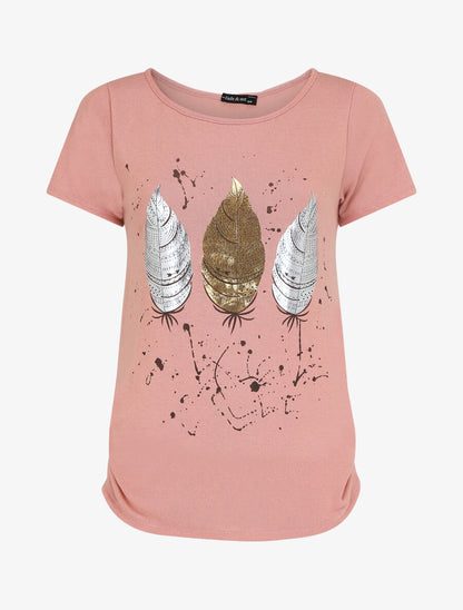 Top uni en maille fine à motif plumes irisées - Rose - 1