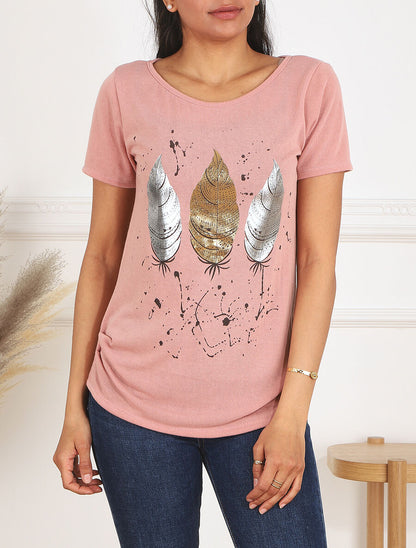 Top uni en maille fine à motif plumes irisées - Rose - 4