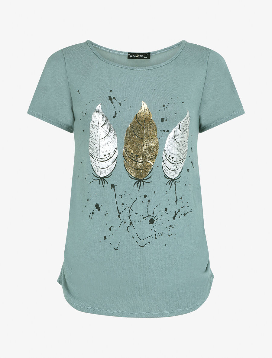 Top uni en maille fine à motif plumes irisées - Vert d&